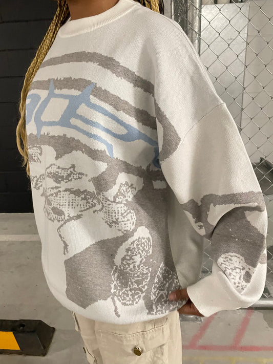 Retro Print White Harajuku Sweater